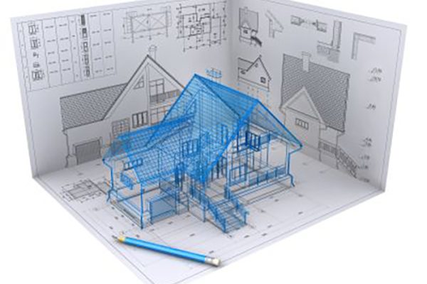 3D isometric view the residential house on architect’s drawing. Background image is my own.